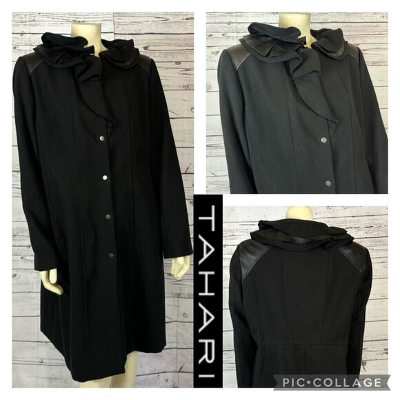 Elie Tahari 100% Wool Black Fitted Layered Leather Ruffle Collar Coat size XL - Picture 4 of 12